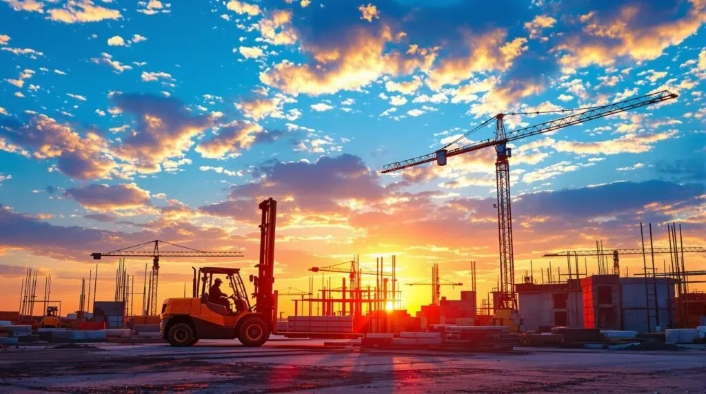 A construction site at sunset with a forklift acti 1736412429890