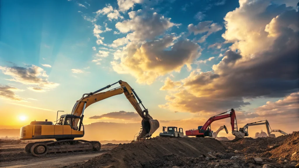 A dynamic and vibrant scene of multiple excavators 1736494134453