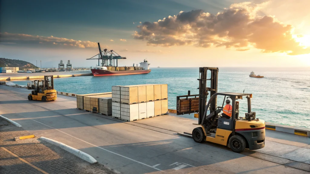 A dynamic scene of forklifts loading and unloading 1737437763460