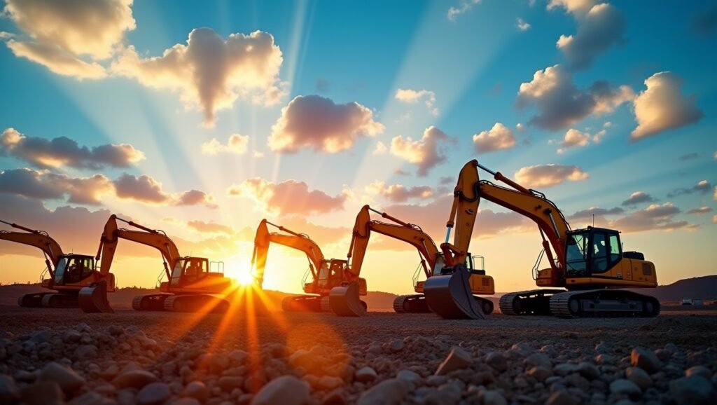 A dynamic scene of multiple mini excavators workin 1736737218040