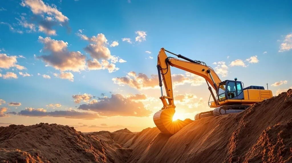 A serene yet vibrant scene of an excavator working 1736401313131