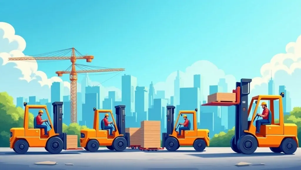 A vibrant and dynamic scene of multiple forklifts 1737437750061