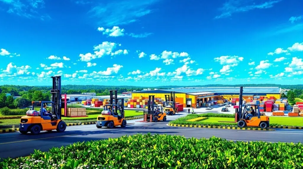 A vibrant scene of multiple forklifts efficiently 1737437754772